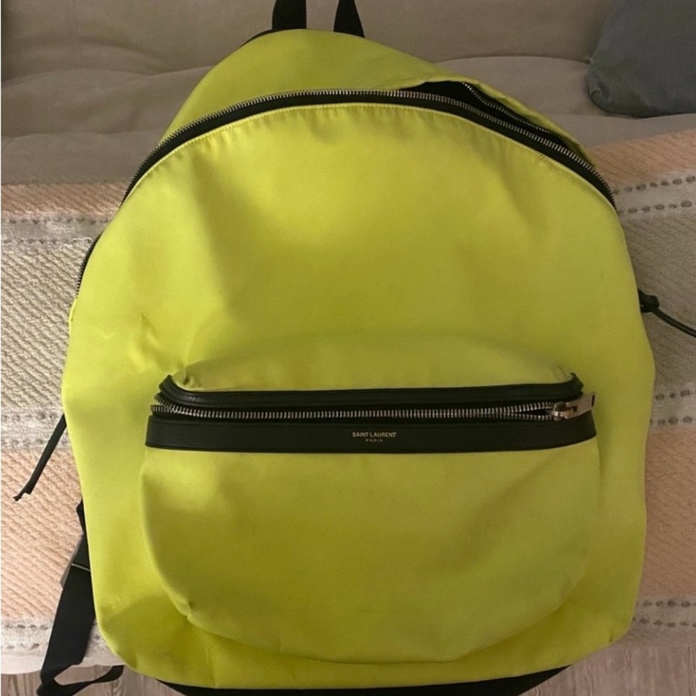 Saint Laurent City Backpack Neon Yellow Nylon — Silver Hardware